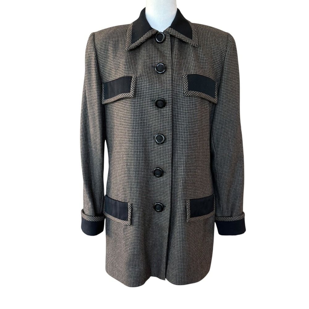 Eres‎ Beverly Hills Vintage Houndstooth Longline Button Down Coat Brown Black